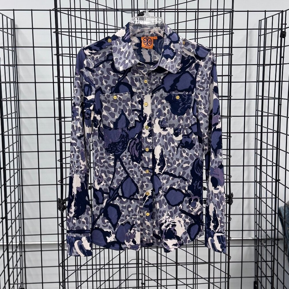 Tory Burch Navy and Purple Cheetah Silk Blouse Gold-Tone Buttons Size Small